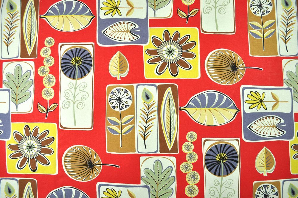 Dekostoff deluxe - Woodstock - Pflanzen/Karo - Rot