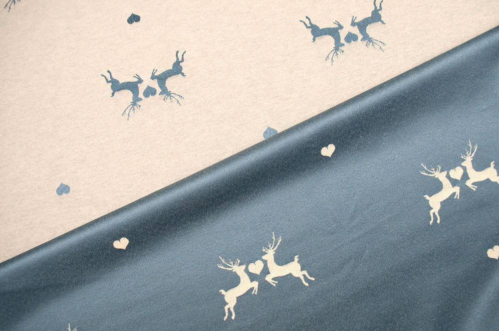 Verliebter Hirsch - Dekostoff Jacquard - Blau/Creme
