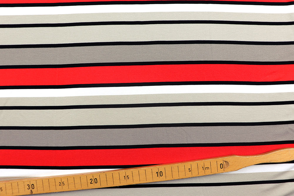 Viskosejersey - Querstreifen - Rot/Taupe/Sand