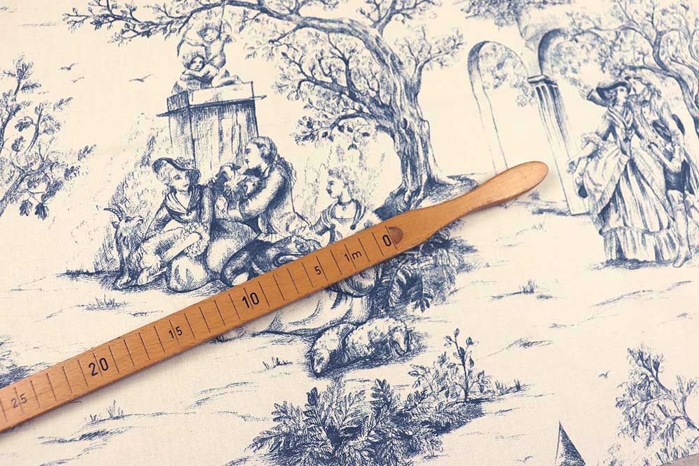 Baumwollstoff Toile de Jouy - Parkspaziergang - Blau