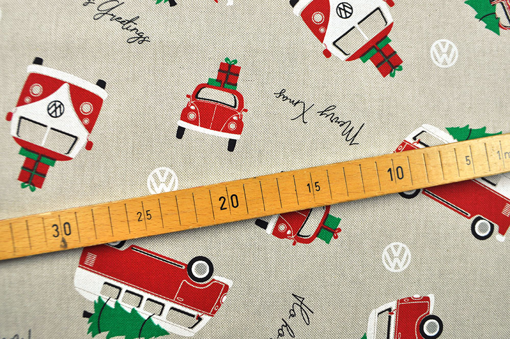 Dekostoff Leinenoptik - Weihnachten mit Bulli und Käfer