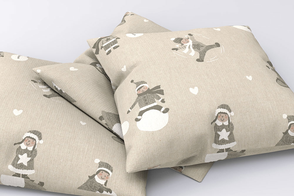 Dekostoff Leinenoptik - Schneeballschlacht und Schlittenfahrt