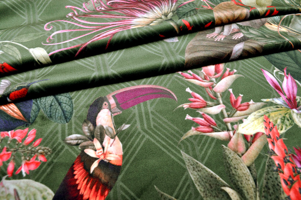 Samt-Dekostoff - Digitaldruck - Kolibri-Dschungel
