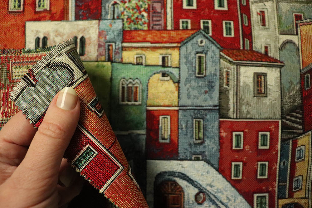 Gobelin-Stoff- Bunte Häuser