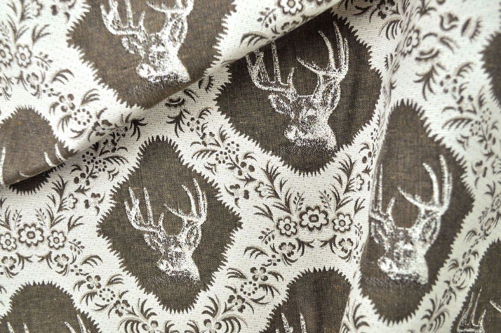 Jacquard Stoff - Hirschkopf - Beige/Graubraun