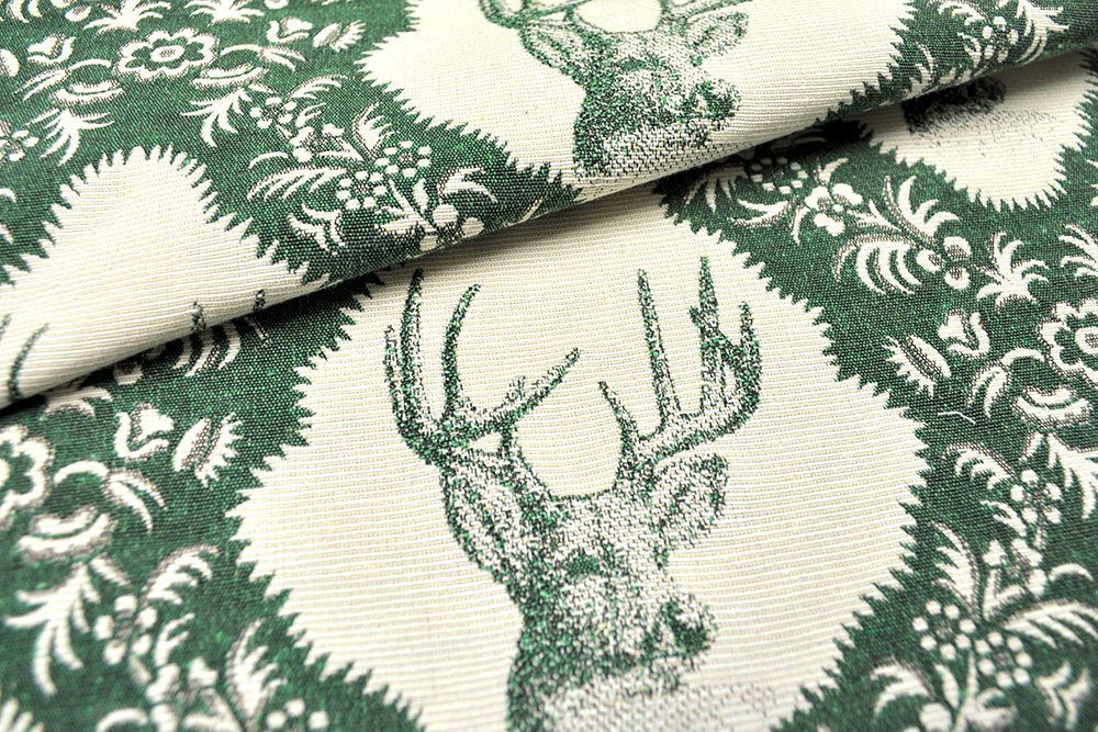 Jacquard Stoff - Hirschkopf - Grün/Beige