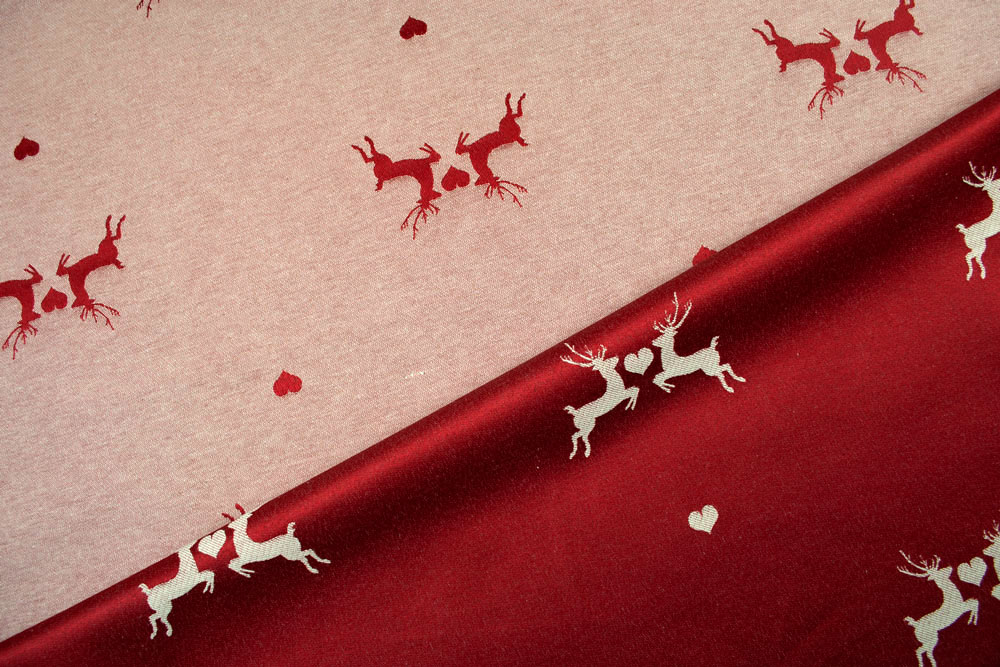Verliebter Hirsch - Dekostoff Jacquard - Creme/Rot