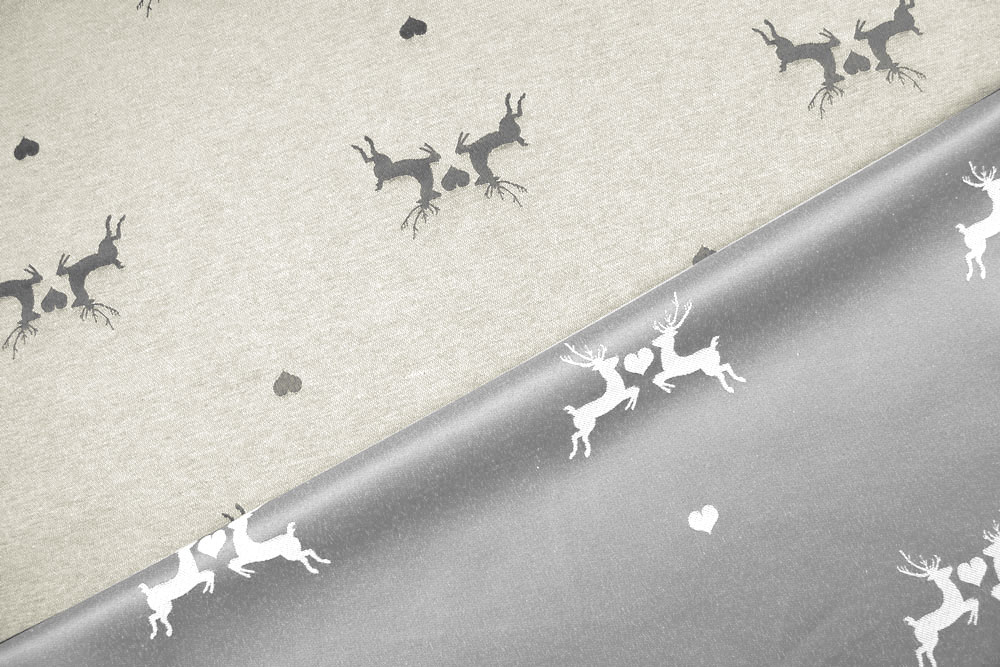 Verliebter Hirsch - Dekostoff Jacquard - Silber/Creme