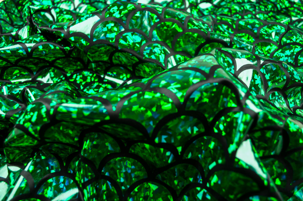 Hologramm Folienstoff Schuppe - Grün/Schwarz