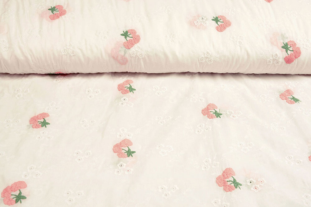 Baumwollstoff Kirschen-Stickerei - Rosa