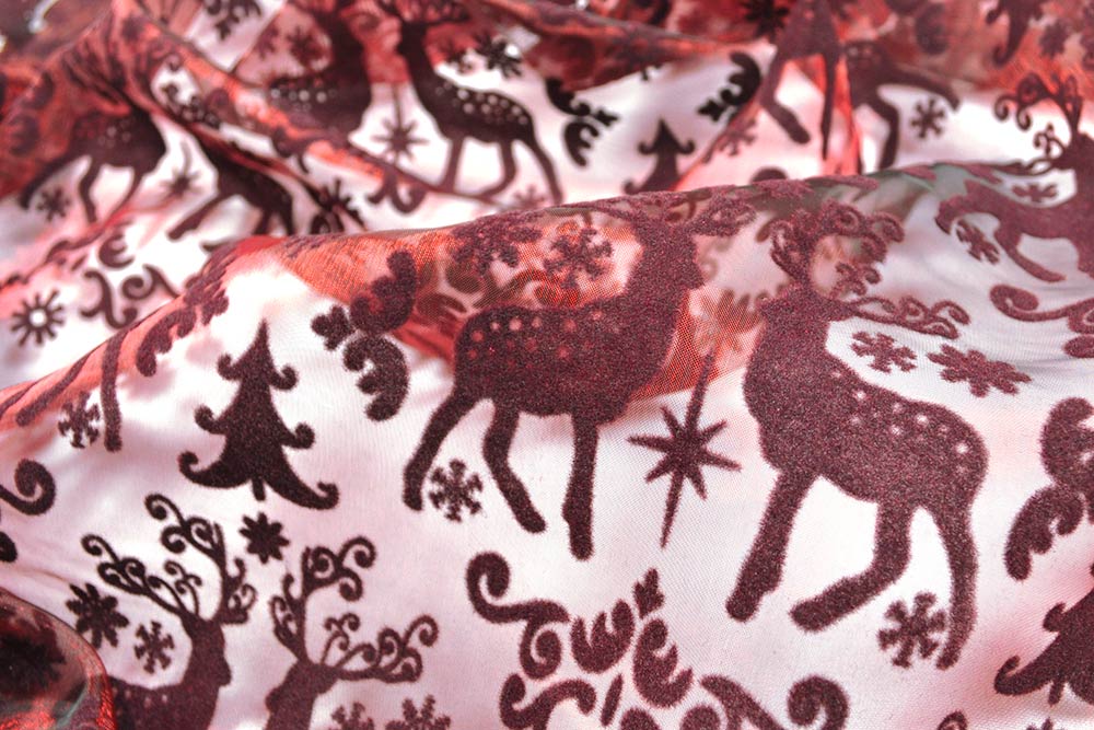 Organza Stoff Hirsche beflockt - Bordeaux