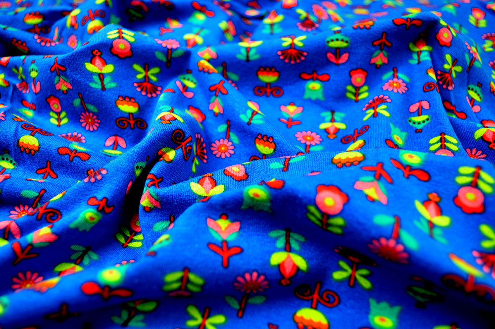 Jersey-Stoff - Bunte Blümchen - Blau