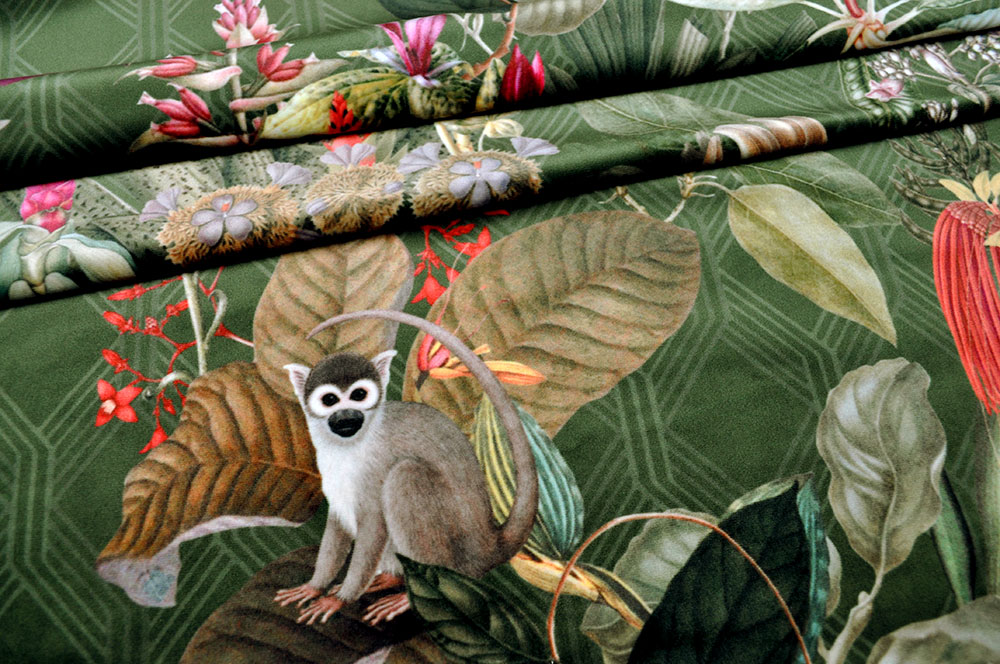 Samt-Dekostoff - Digitaldruck - Kolibri-Dschungel