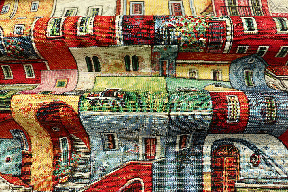Gobelin-Stoff- Bunte Häuser
