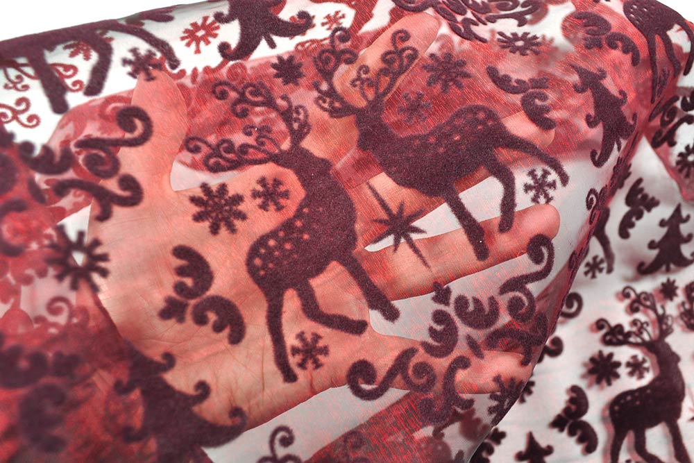 Organza Stoff Hirsche beflockt - Bordeaux