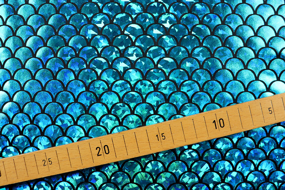 Hologramm-Folienstoff Schuppe - Schwarz/Aqua