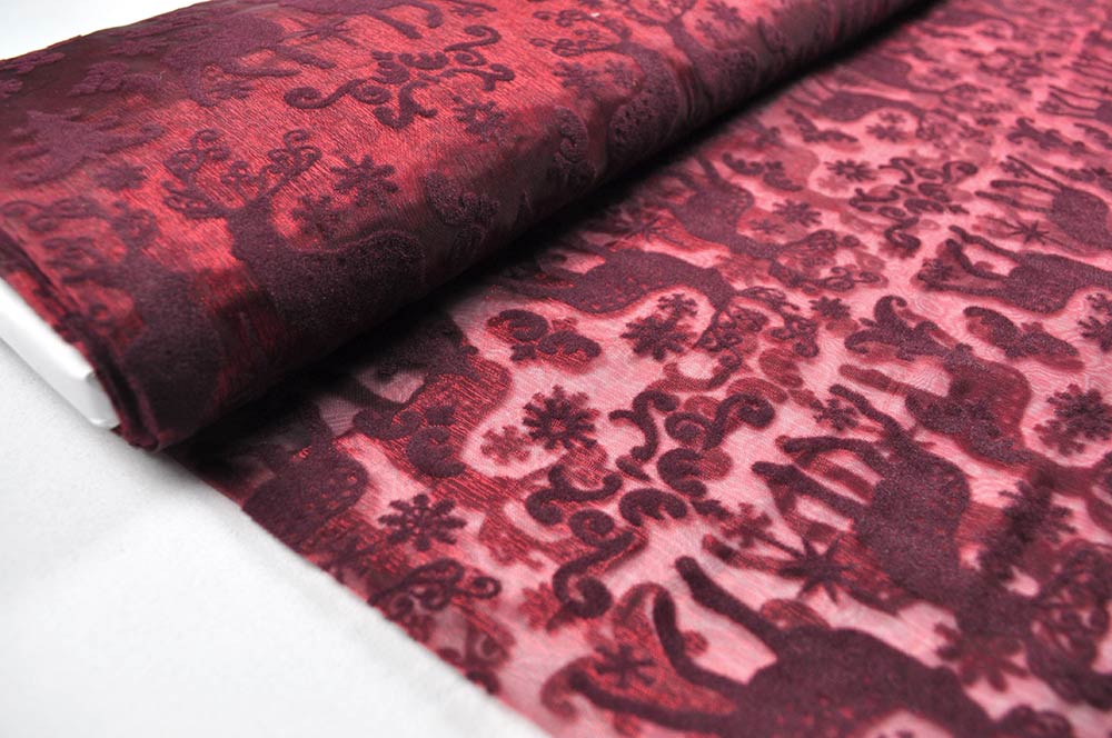 Organza Stoff Hirsche beflockt - Bordeaux