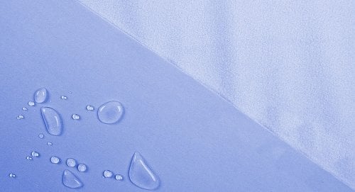 Vorderseite und Rückseite eines blauen Softshell-Stoffes mit Wassertropfen